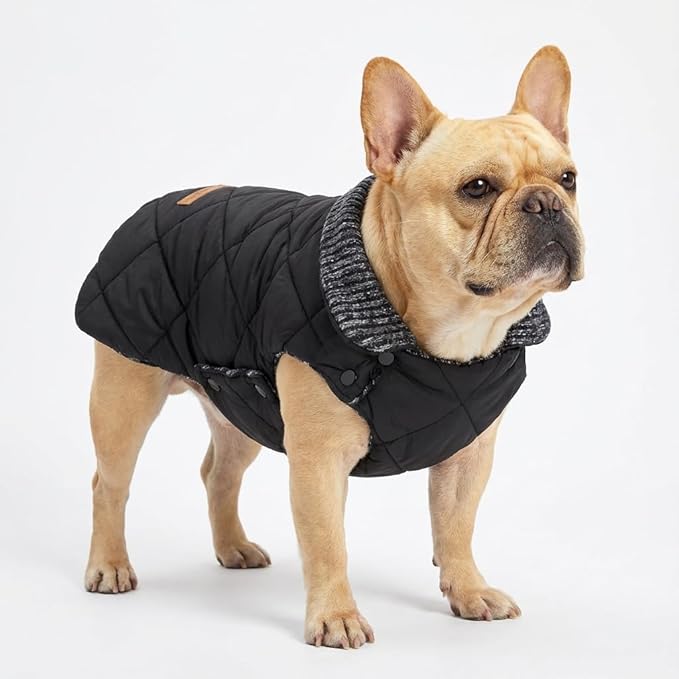 Fitwarm Reversible Quilted Dog Coat, Knitted Winter Clothes for Small Dogs Boy Girl, Windproof Thermal Pet Jacket, Black, Grey, XL