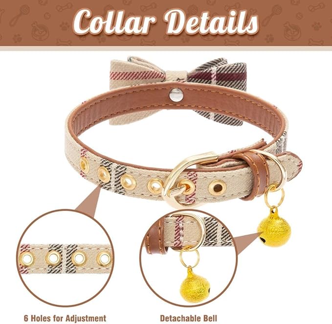 EXPAWLORER Dog Collar and Leash Set - Classic Plaid Dog Bow Tie and Dog Bandana Collar with Bell, Dog Leash Tangle Free, Adjustable Collars for Small Medium Large Dogs Cats, Holiday Ideal Gift, XS
