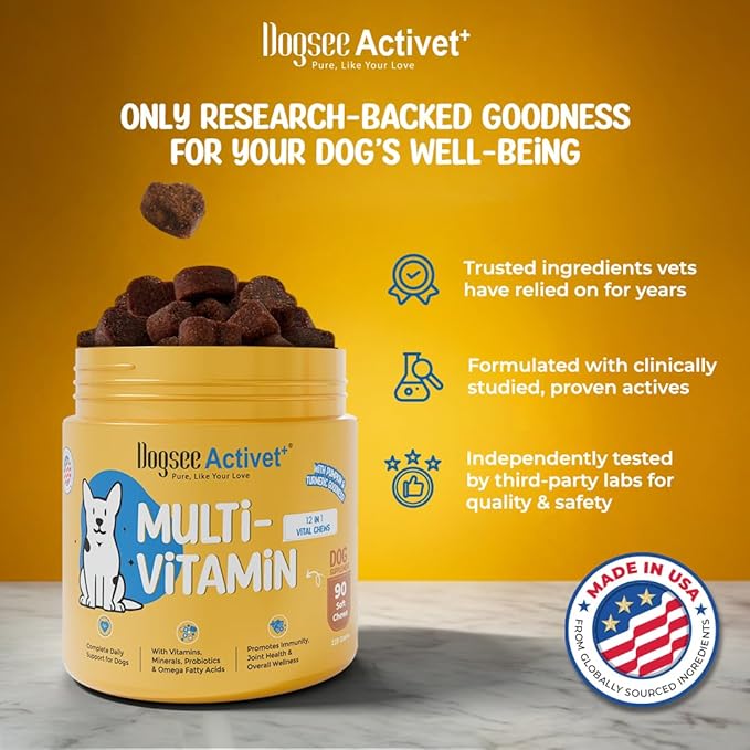 Dogsee Activet+ Dog Multivitamin Supplement Chews, with Vitamins, Minerals, Probiotics, Omega Fatty Acids & Glucosamine, Daily Wellness & Vitality Support, Chicken Flavor – 90 Chews
