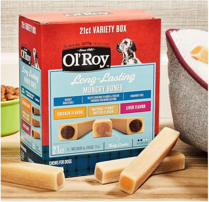 O- Roy Munchy Bones Dog Treats Variety Box, Chicken, Peanut Butter, Liver, 21 ct