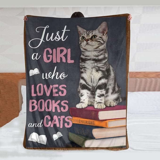 Just A Girl Who Loves Books and Cats Blanket Cute Cats Decor Throw Blanket Gifts for Girls Super Warm Soft Plush Lightweight Fleece Flannel Blanket Winter Bedding Blanket for Kids Adults Women 40"x50"