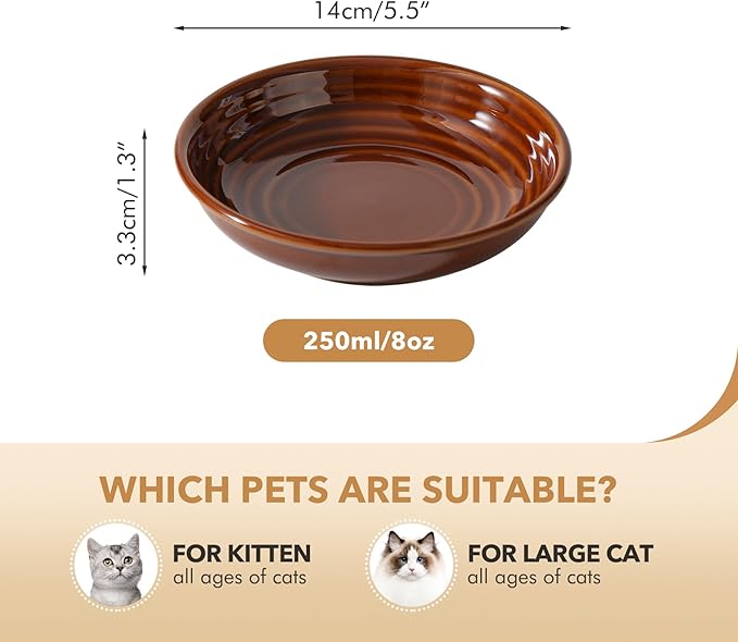 Havniva Ceramic Wide Whisker Friendly Cat Dishes, Set of 3 Ceramic Cat Bowls, Anti-Slip Indoor Kitten Feeding Food& Water Dish to Prevent Whisker Fatigue(3 Pcs, Caramel Brown)