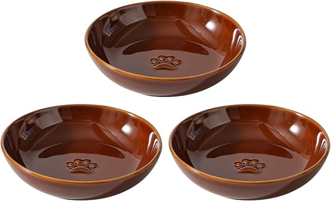 Havniva Ceramic Wide Whisker Friendly Cat Dishes, Set of 3 Ceramic Cat Bowls with Paw Print, Anti-Slip Indoor Kitten Feeding Food& Water Dish to Prevent Whisker Fatigue(3 Pcs, Caramel Brown)