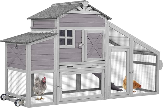 Chicken Coop Outdoor Wooden Poultry Cage with Waterproof Roof, Nesting Box, Pull Out Tray, Mobile Hen House for 2 4 Chickens, Large Chicken Tractor with Wheels (Grey)