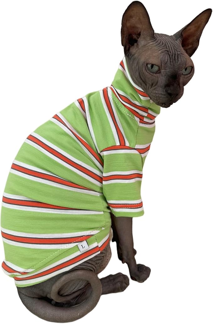 Vintage Stripes Sphynx Hairless Cats Shirt Cotton Cat Turtleneck Pet Clothes Kitten T-Shirts with Sleeves for Sphynx Cornish Rex, Devon Rex, Peterbald (Orange & Green, Medium (Pack of 1))