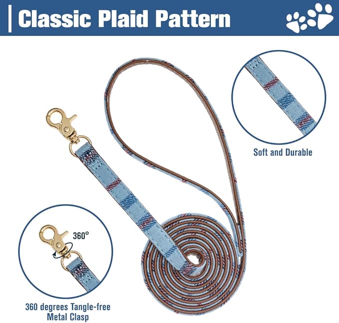 EXPAWLORER Dog Collar and Leash Set - Pawprint Plaid Collar with Bow Tie and Bell, Cute for Dogs and Cats, Blue S-M