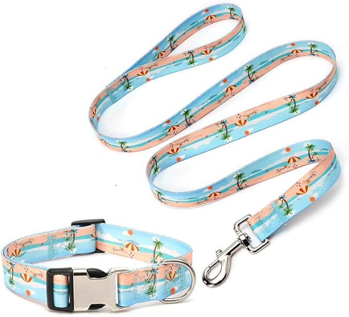 Dog Collar and Leash Set, Quick Release Buckle Soft Durable Print Puppy Collars Adjustable for Small Medium Large Pet Male Dogs Boy Cat Seabeach L