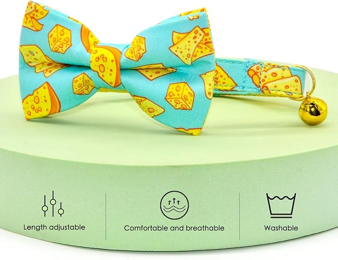 Cheese Cat Bow Tie Collar, Blue & Yellow Cheese Pattern, Wedding/Birthday/Festivals Cat Collar, Quick Release Safety Breakaway Collar