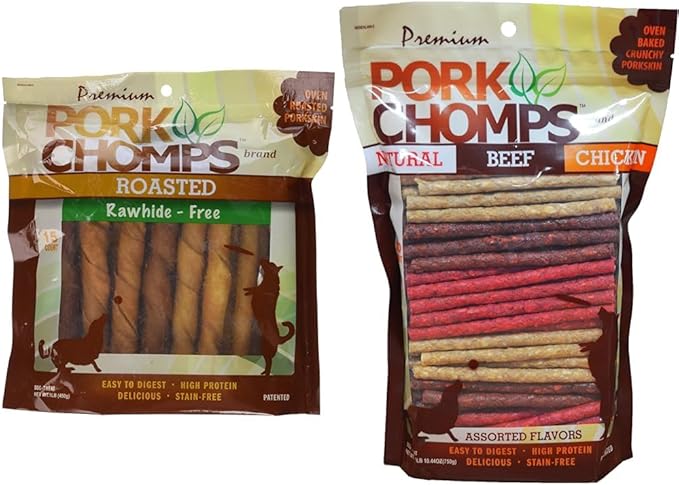 Pork Chomps Dog Chews Bundle: 6-Inch Twists, 15 Count & 5-Inch Munchy Sticks, Assorted Flavors, 100 Count