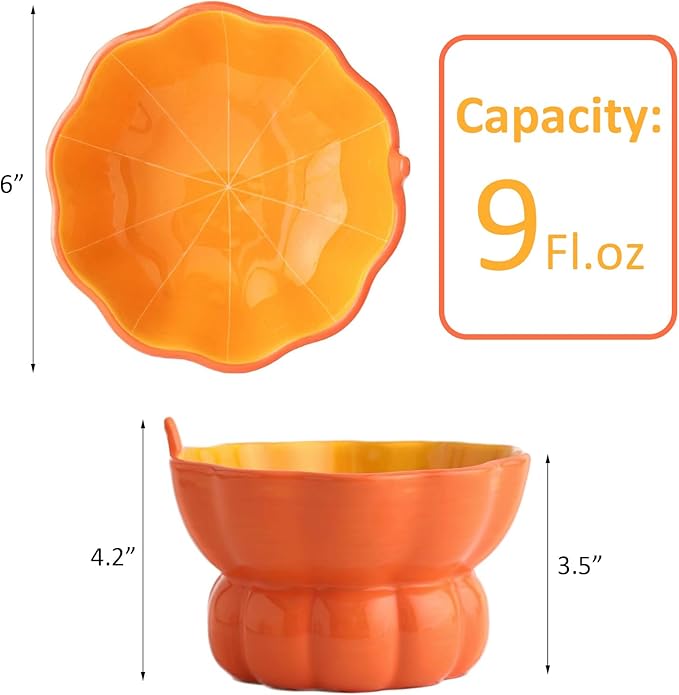 Cute Pumpkin Shaped Bowl, Ceramic Raised Cat Bowl for Food or Water, Anti Vomiting & Whisker Friendly, 9 oz Small Elevated Cat Dish for Indoor Flat Faced Cats and Kitten