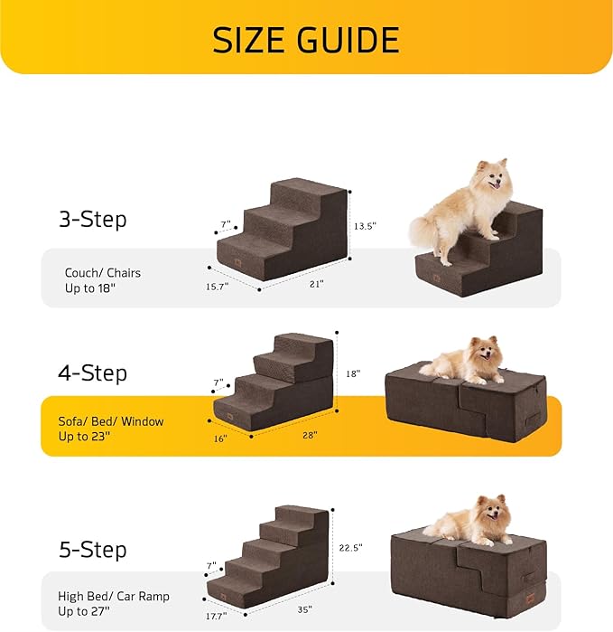 ABCPET Dog Stairs for High Bed, Dog Steps for Bed Couch Sofa, 35D Foam Pet Steps for Small Dogs and Cats, Extra Wide Pet Stairs with Non-Slip Bottom Brown, 5 Steps