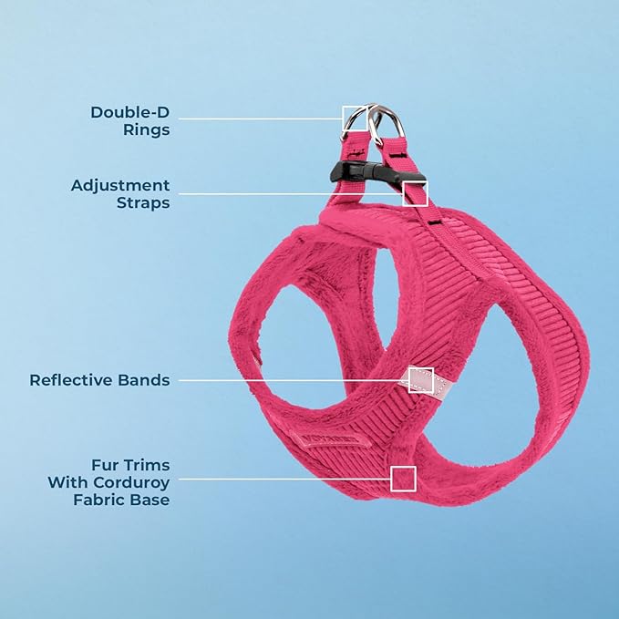 Best Pet Supplies - All Weather Plush, Reflective, No Pull Harness for Small, Medium Dogs, Cats - Secure with Hook & Loop Fastener, Buckle, Double D-Rings - Fuchsia Corduroy, L