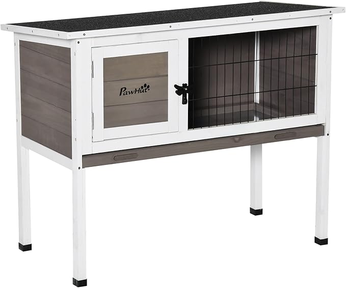 PawHut Elevated Wooden Rabbit Hutch, Indoor/Outdoor Bunny Cage with Hinged Asphalt Roof and Removable Tray for Guinea Pig, Brown