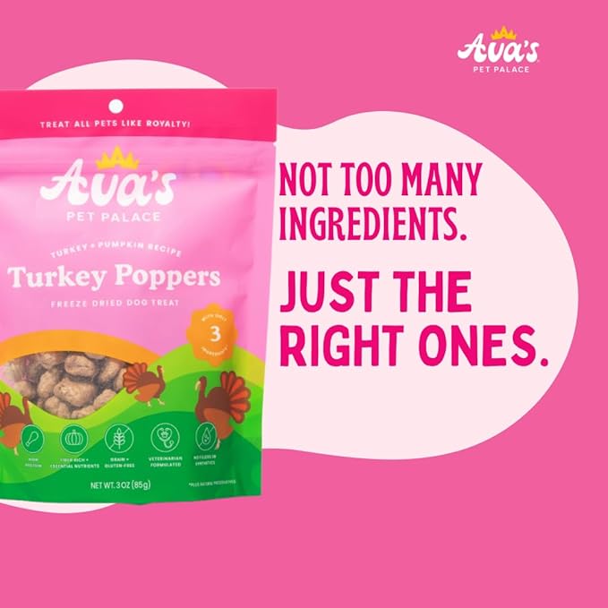 Ava's Pet Palace Turkey Poppers – Freeze-Dried Turkey Dog Treats with Pumpkin | High Protein, Grain-Free, Single-Ingredient Training Treats & Food Topper | Made in USA | No Preservatives
