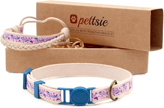Pettsie Kitten Collar Breakaway with Matching Bracelet – Soft Cotton, Quick-Release Safety Buckle, Adjustable 5"-8", Stylish Gift Box, Purple