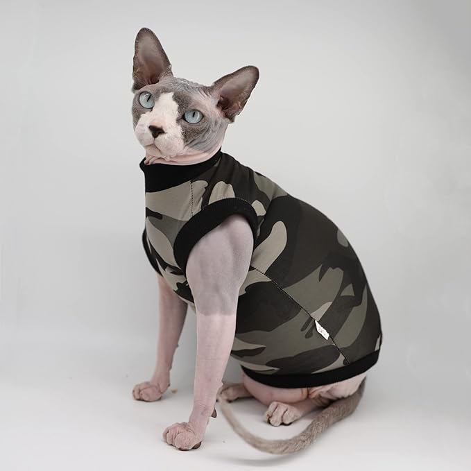Sphynx Hairless Cat Summer Cotton T-Shirts Cat Vest Pet Clothes,Round Collar Vest Kitten Shirts Sleeveless, Cats & Small Dogs Apparel (Large, Black Camo)
