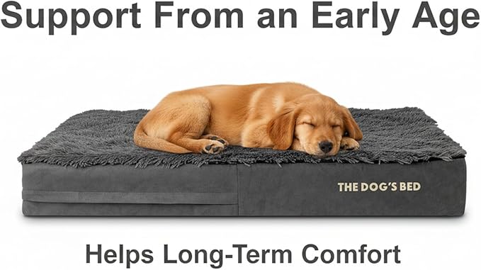 The Dog’s Bed Orthopedic Memory Foam Dog Bed for XXL Dogs, Waterproof Washable Cover, Anti-Slip Base, Calming Surface – CertiPUR-Certified Foam, Grey Fur, 6 Inch Thick