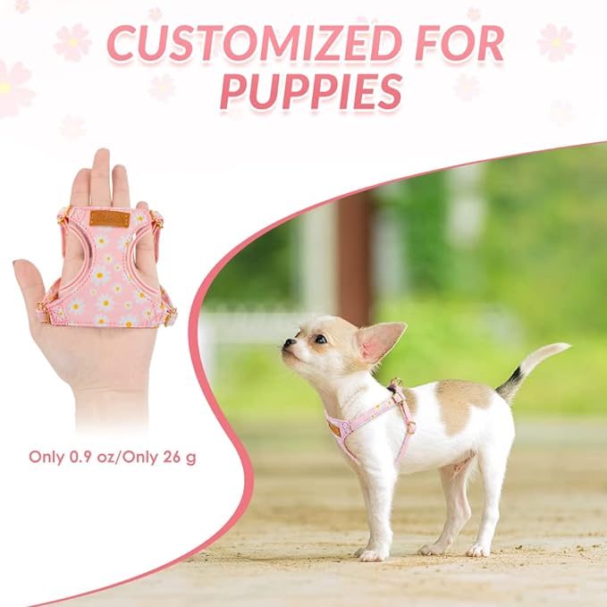 SlowTon No Pull Dog Harness with Leash - Soft Lightweight Floral Pattern Puppy Harness, Adjustable Pet Harnesses for Small Medium Dogs (Pink Daisy XS)