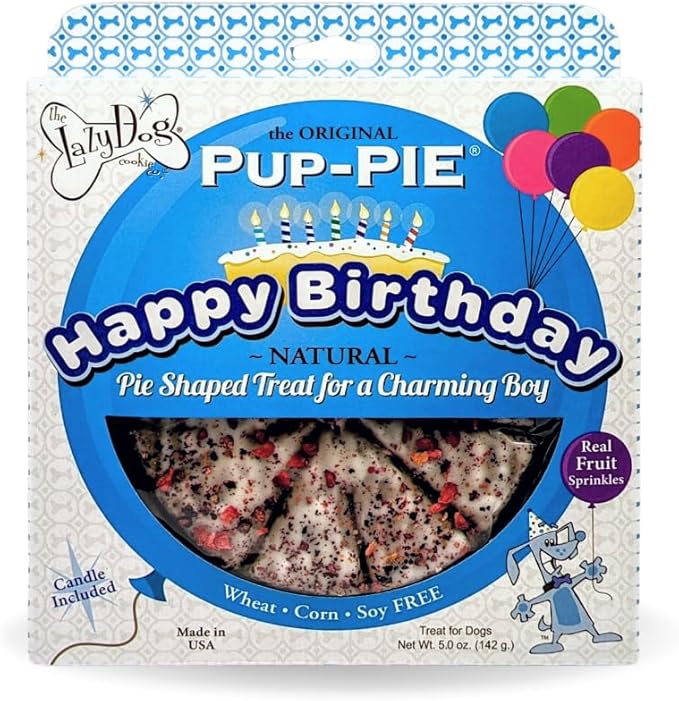 The Lazy Dog Cookie Co. - Original Pup-Pie - Happy Birthday Dog Treat for a Charming Boy, 5 oz with Bag of 5oz Birthday Cake Bite Mutt Mallows
