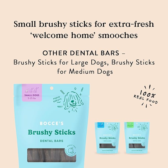 Bocce’s Bakery Dailies Brushy Sticks to Support Oral Health & Fresh Breath, Wheat-Free Dental Bars for Dogs,Made with Real Ingredients, Baked in the USA, All-Natural Coconut & Mint Recipe, (Pack of 2)