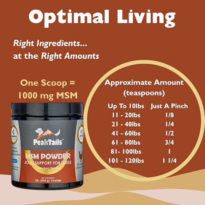 KALA HEALTH PeakTails Chicken Flavored MSM Powder for Dogs, 1 lb, Hip and Joint Support Supplement, Pure and Distilled US-Sourced MSM