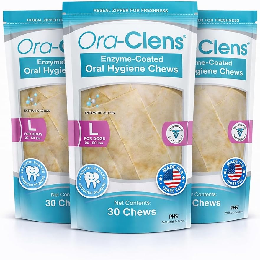 Oral Hygiene Chews for Large Dogs – Enzymatic Dental Treats for Daily Oral Care, Helps Clean Teeth & Freshen Breath, Supports Plaque & Tartar Control – 30 Chews (3 Pack)