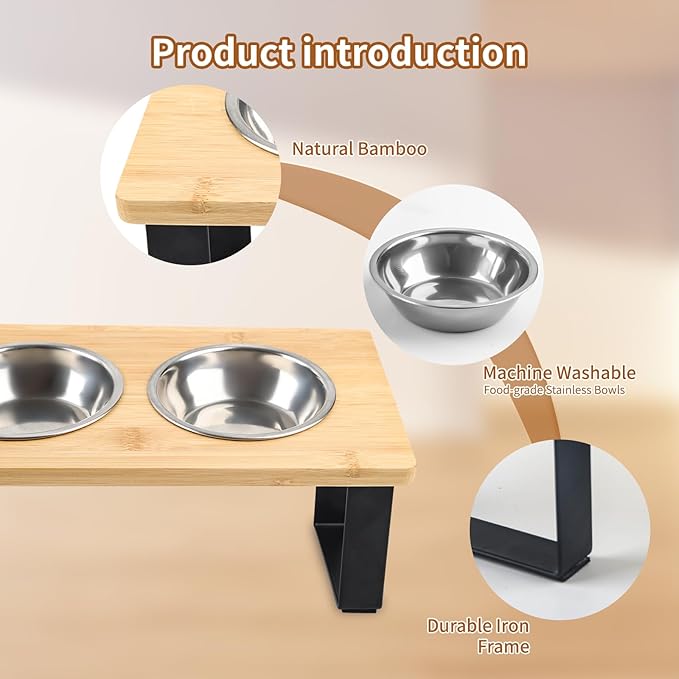 Elevated Cat Bowls, Raised Cat Food Bowls, 15°Tilted Stainless Steel Cat Bowls for Indoor Cats, Anti Vomit, Bamboo, Stand with 3 Feeder Bowls for Cats and Puppy