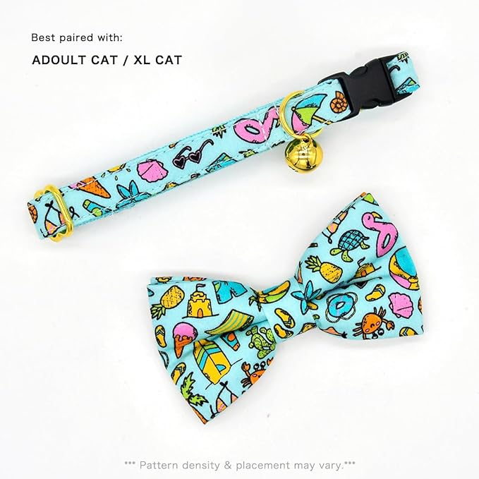 Cat Collar Bow Set, Blue Summer Holiday, Wedding/Birthday Breakaway Collar Bowtie for Kitten/Cat