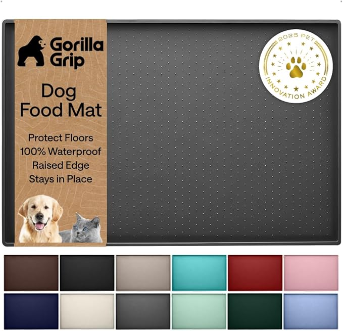 GORILLA GRIP 100% Waterproof Raised Edge BPA Free Silicone Pet Feeding Mat, Dog Cat Food Mats Contain Spills Protects Floors, Placemats for Cats and Dogs Water Bowl Pets Accessories 18.5x11.5 Charcoal