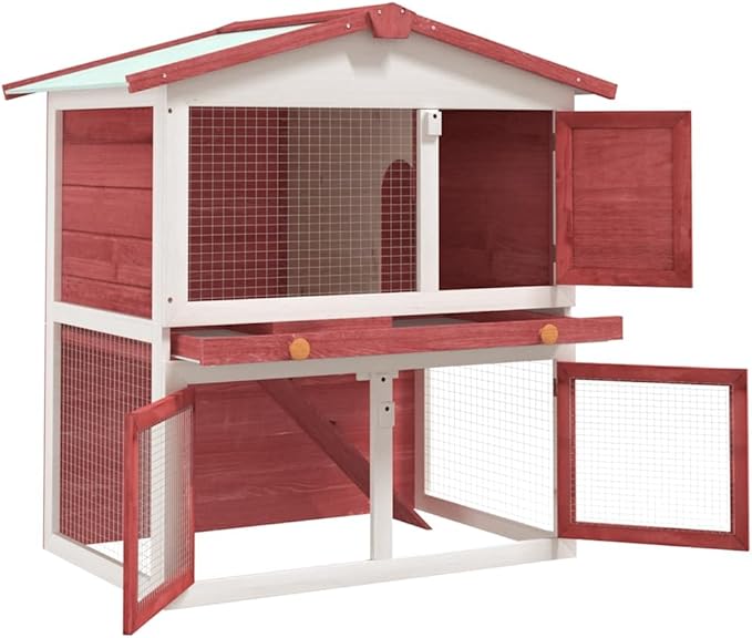 Red and White Solid Pine Outdoor Rabbit Hutch Bunny Cage House Enclosure 37 x 37 x 38.6 Inch Weather-Resistant Design with Pull-Out Tray for Garden Pet Safety