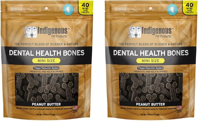 Indigenous Pet Dental Health Bones Mini 2 Pack – Peanut Butter (11.92 Ounce x 2) | Grain-Free Dog Chews with Prebiotics & Omegas | Freshens Breath, Supports Digestive, Skin & Coat Health |