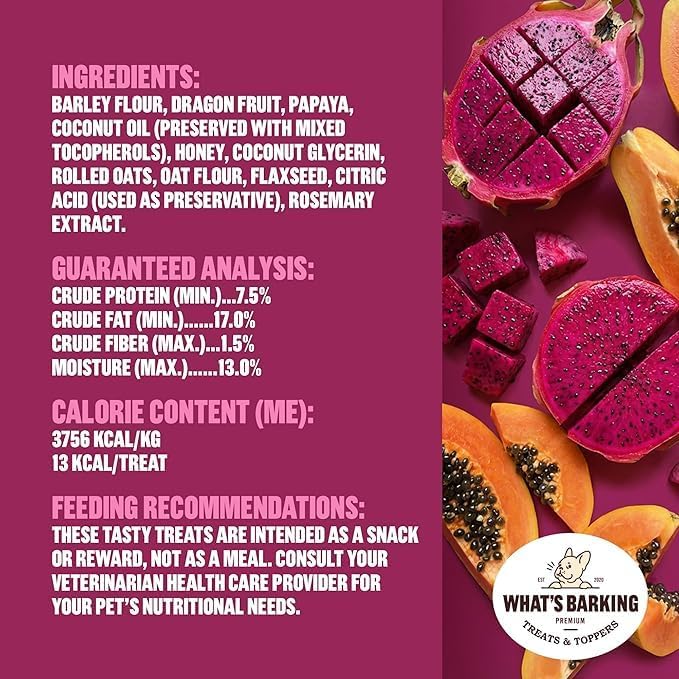 What's Barking Soft Bites, Soft Chewy Dog Treats for Training or Snacking, Pet Essentials, Bite Size Pieces for Dogs, Natural Ingredients, Made in USA, Resealable Bag (Pack of 1, Dragon Fruit Papaya)