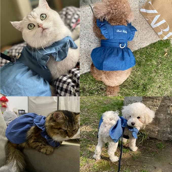 ANIAC Dog Denim Dresses for Small Medium Dogs Puppy Girl Clothes with Leash Ring Summer Cat Apparel with D-Ring Pet Dog Walking Harness Dress(Blue-2,Large)
