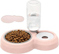 Double Dog Cat Bowls, Pets Food and Water Bowl Set with Automatic Water Dispenser and Stainless Steel Bowl Silicone Dog Bowl Mat, Gravity Feeder for Cats and Small Dogs Puppies (Pink)