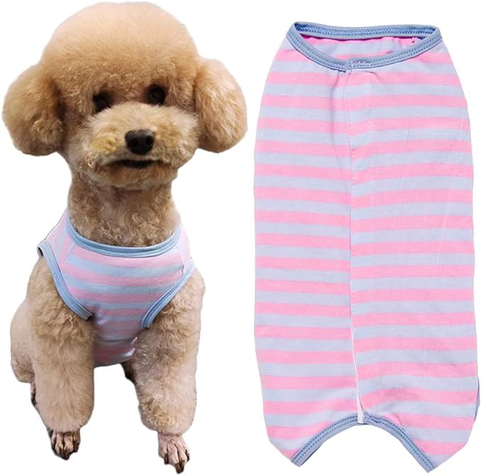 Dog’s Recovery Suit Post Surgery Shirt for Puppy, Wound Protective Clothes for Little Animals(Pink Blue Stripe-xs)