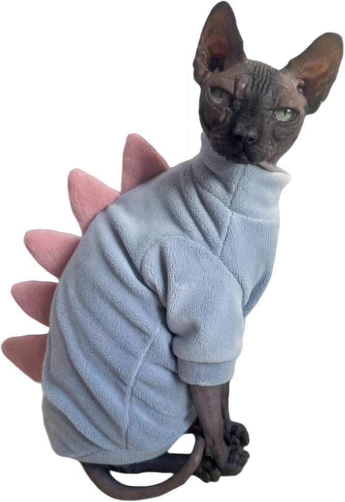 Dinosaur Sphynx Cat Clothes, Soft Polar Fleece Sweater for Cat, Elastic Pet Clothes Thick Winter Warm Outfit for Hairless Cat, Devon, Cornish, Small Dogs Apparel with Sleeves (Sky Blue, Small)