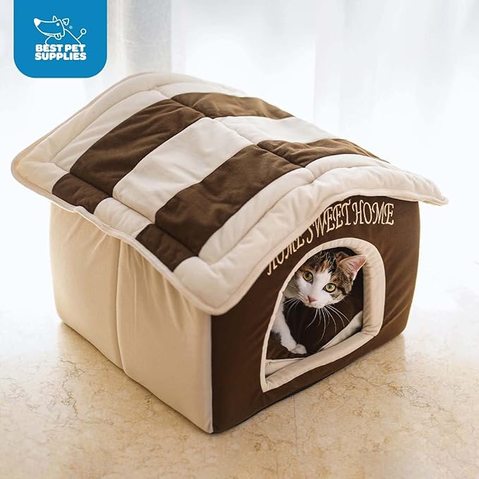 Best Pet Supplies Cat Bed for Indoor Cat, Domed Tent House with Removable Pillow, Covered Cat Cave for Small Dog, Puppies and All Breeds of Cats - Beige w/ Brown Stripes, 16 x 16 x H:14"