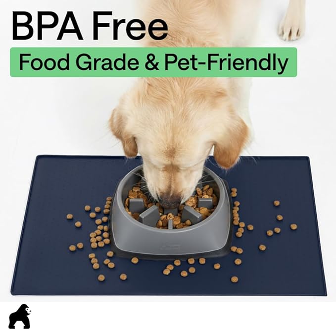 GORILLA GRIP 100% Waterproof Raised Edge BPA Free Silicone Pet Feeding Mat, Dog Cat Food Mats Contain Spills Protects Floors, Placemats for Cats and Dogs Water Bowl, Pets Accessories 28x18 Navy