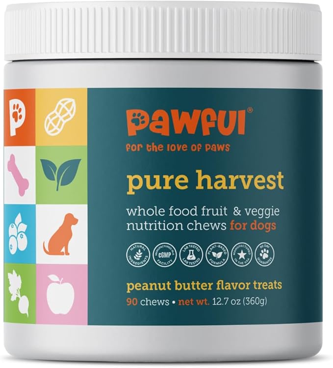 Pure Harvest - Healthy All Natural Dog Treats - Delicious Peanut Butter Flavor Chews - Made from 14+ Fruits & Veggies - Support Dog Health - No Synthetic Vitamins (90 Chews)
