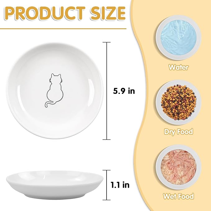 6 Pack Cat Food Bowl, Ceramic Cat Bowls, Anti Whisker Fatigue Cats Bowl Set,5.5 Inches Shallow Wide Kitten Plates for Food and Water (White-B)