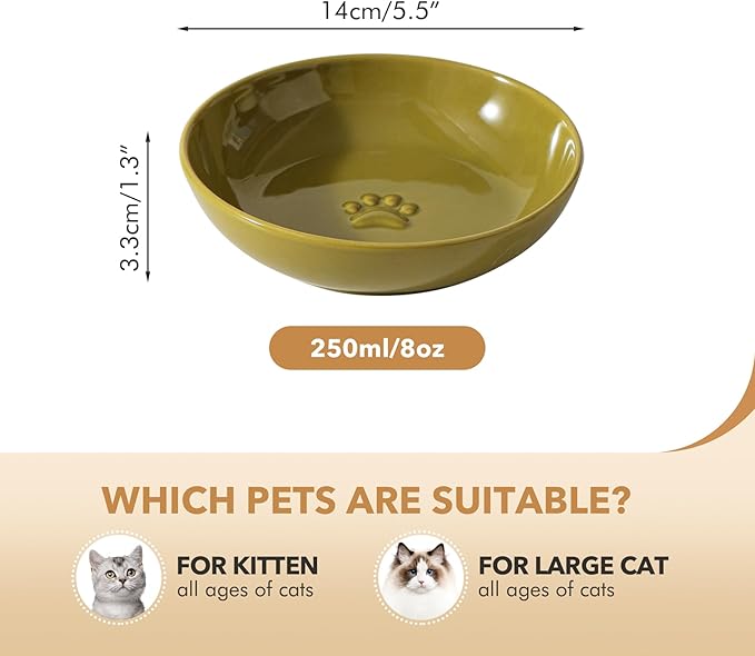 Havniva Ceramic Wide Whisker Friendly Cat Dishes, Set of 3 Ceramic Cat Bowls with Paw Print, Anti-Slip Indoor Kitten Feeding Food& Water Dish to Prevent Whisker Fatigue(3 Pcs, Matcha Green)