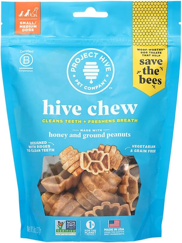 PROJECT HIVE ·PET COMPANY· Dental Chew Treats for Dogs, 8 oz, Small (S/M) – Peanut Flavor, Beehive-Shaped Dental Treats, Cleans Teeth & Freshens Breath, Vegetarian Recipe with Honey, No Grain or Soy