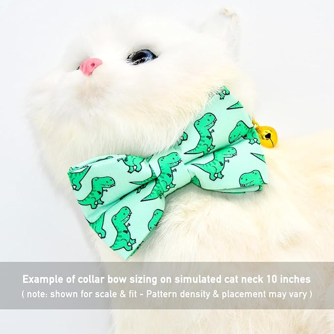 Cat Bow Collar, Green Dinosaur Pattern, Quick Release Safety Buckle, (8" - 13")