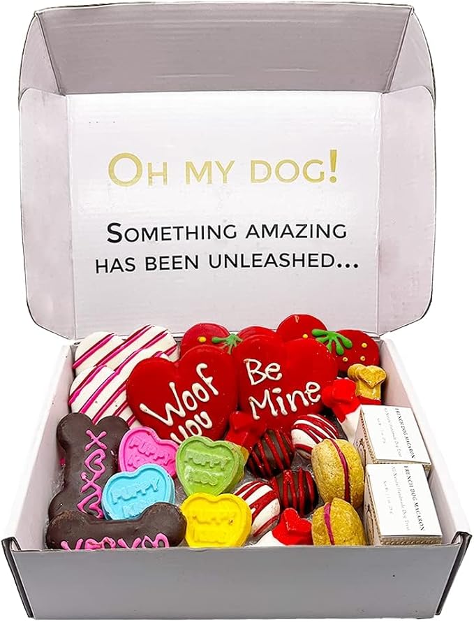 Bonne et Filou Valentine Dog Treats, Gift Box of 22 Luxury Macarons, Truffles & Bone Cookies, Healthy & Delicious Snacks for Medium to Large Dogs