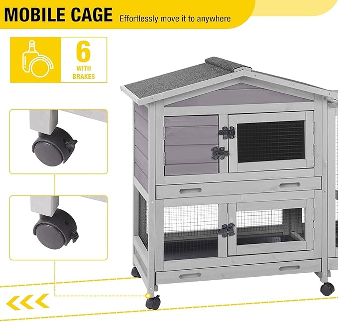 Aivituvin Rabbit Hutch Indoor 2 Story Bunny Cage Outdoor Guinea Pig Cage with Caster Wheels Chicken Coop with Run, 3 Pull Out Tray Grey