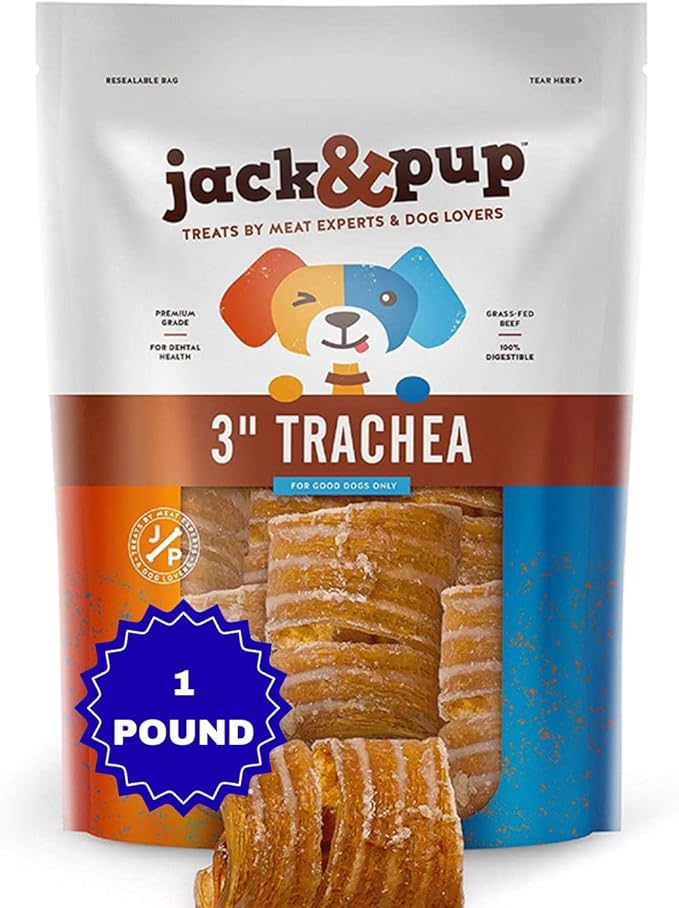 Jack&Pup Trachea Dog Chew - 3-inch Beef Trachea Bites for Dogs (16 oz) Natural Dog Treat for Dogs - Rich in Glucosamine and Chondroitin 100% Beef Chews