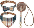 EXPAWLORER Dog Collar and Leash Set - Embroidery Pawprints Plaid With Bow Tie and Bandana, Adorable for Dogs Cats Outdoor Walking, Khaki M