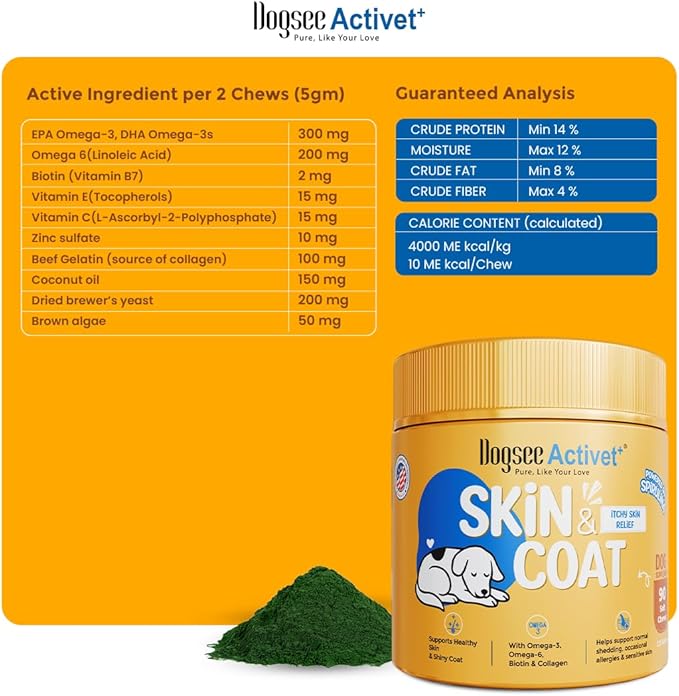 Dogsee Activet+ Dog Skin Coat Supplement Chews, with Omega 3, Omega 6, Biotin & Collagen, Itchy Skin & Shiny Coat Support, Chicken Flavor – 90 Chews