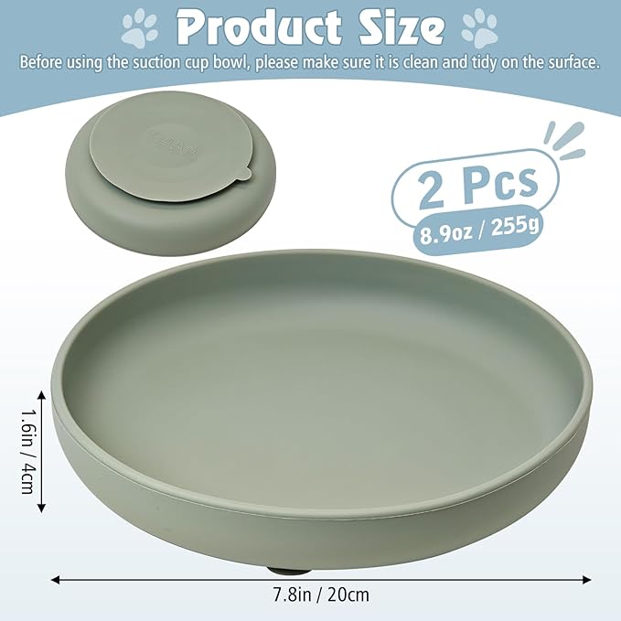 BNOSDM Silicone Dog Bowl Non-Slip Cat Food Plate 2 Pcs Flat Dog Bowls with Suction Cup Shallow Puppy Food and Water Dish for Small and Medium Pets (Gray Green)