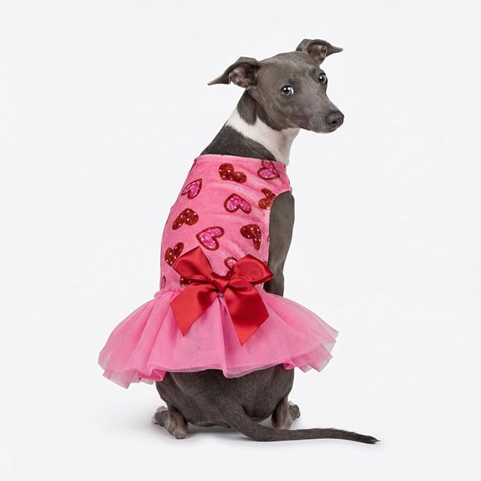 Fitwarm Pink Heart Tulle Dog Dress, Fancy Valentines Outfit for Small Dogs Girl, Festive Pet Clothes, Pink, Red, Medium